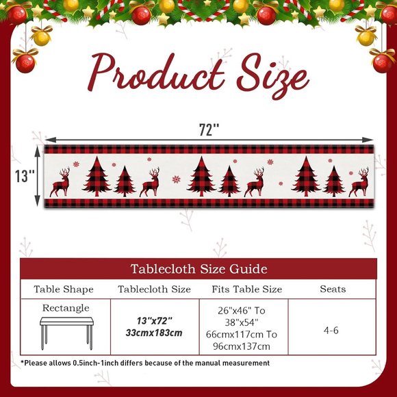 72'' Red Black Buffalo Plaid Christmas Deer Trees Snowflakes Table Runner - Picture 4 of 8
